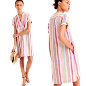 J Crew Rainbow Candy Striped Linen Blend Dress XS Pastel Pockets Short Sleeve